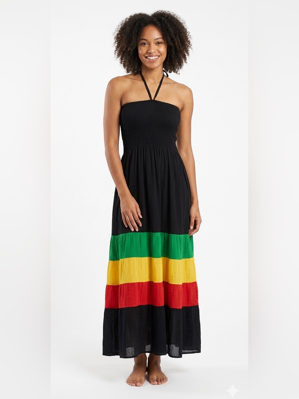 Handmade Black Rasta-Themed Smocked Maxi Dress One-Size Fits Most